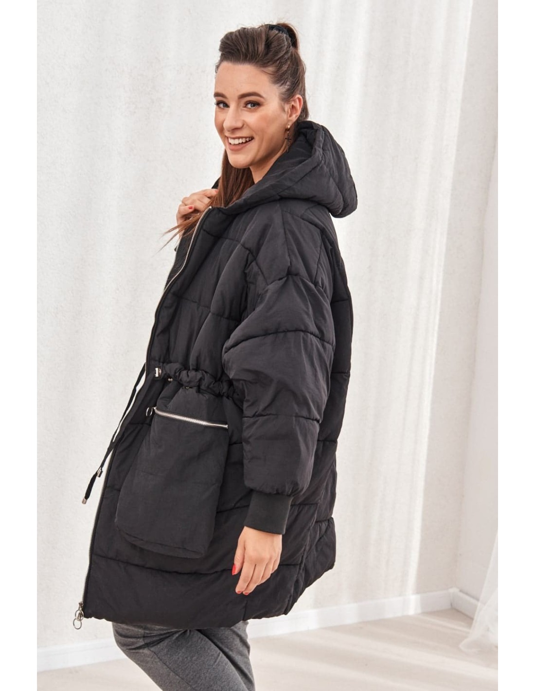 Geaca oversize calduroasa cu gluga, neagra 1537 - Magazin online - Boutique